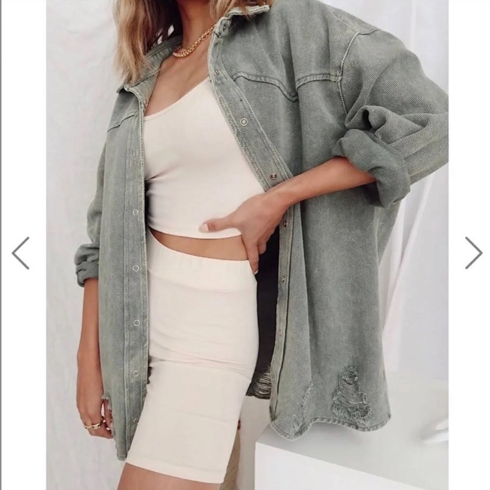 12th Tribe Dark Green Distressed Oversized Shacket